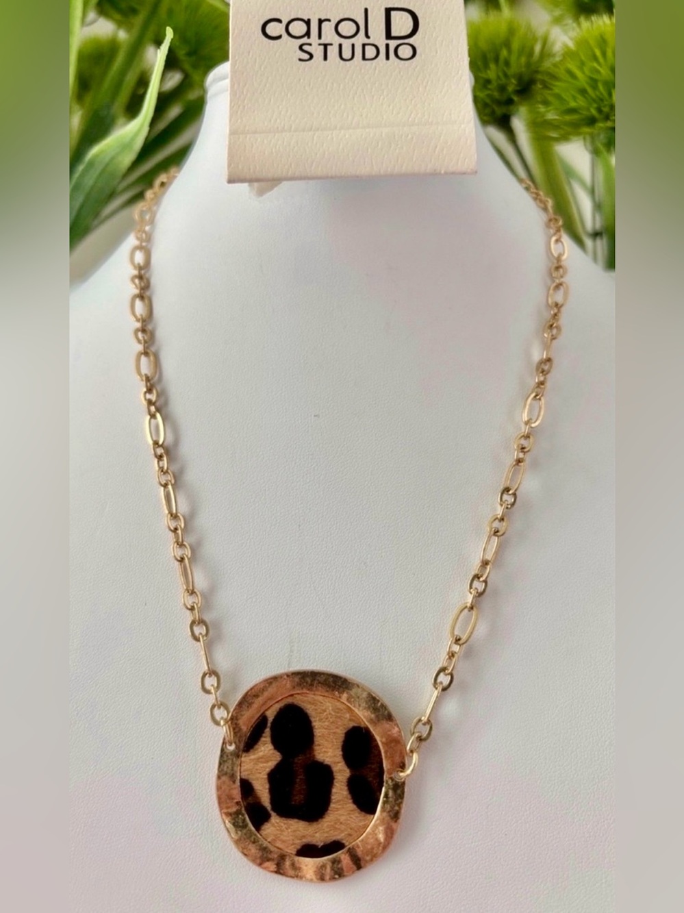 Carol D Studio Calf Hair Leopard Print hammered goldtone circle pendant